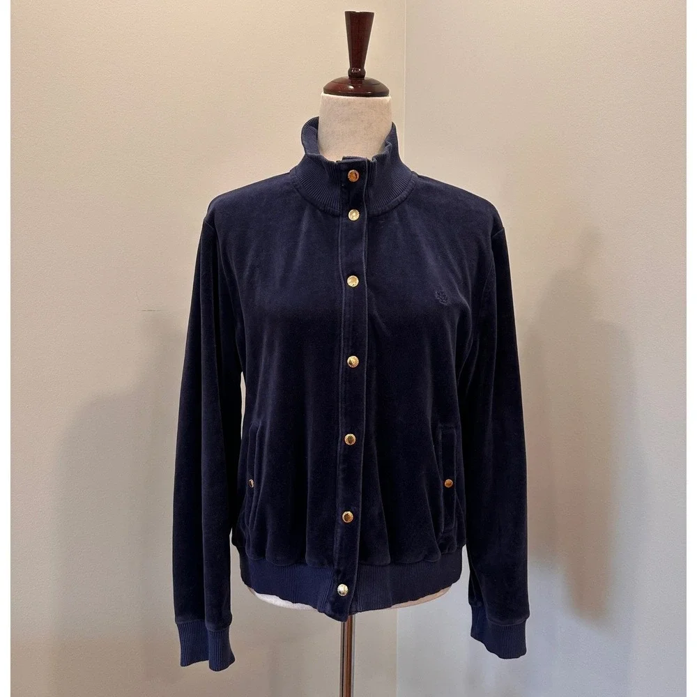 LRL Ralph Lauren Navy Velvet Track Jacket Sz XL Gold Snaps Vintage Y2K City Chic